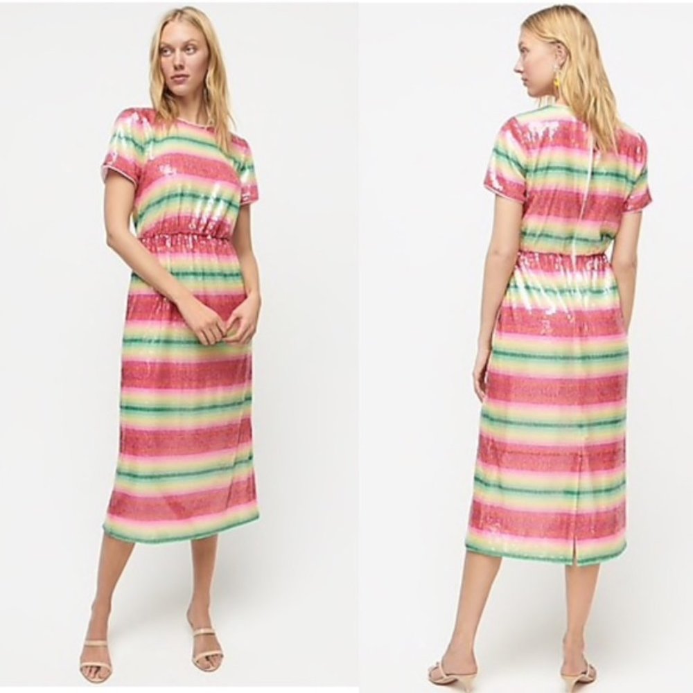 J Crew Short-Sleeve Sequin Dress Watermelon Rainbow Stripe Size 00